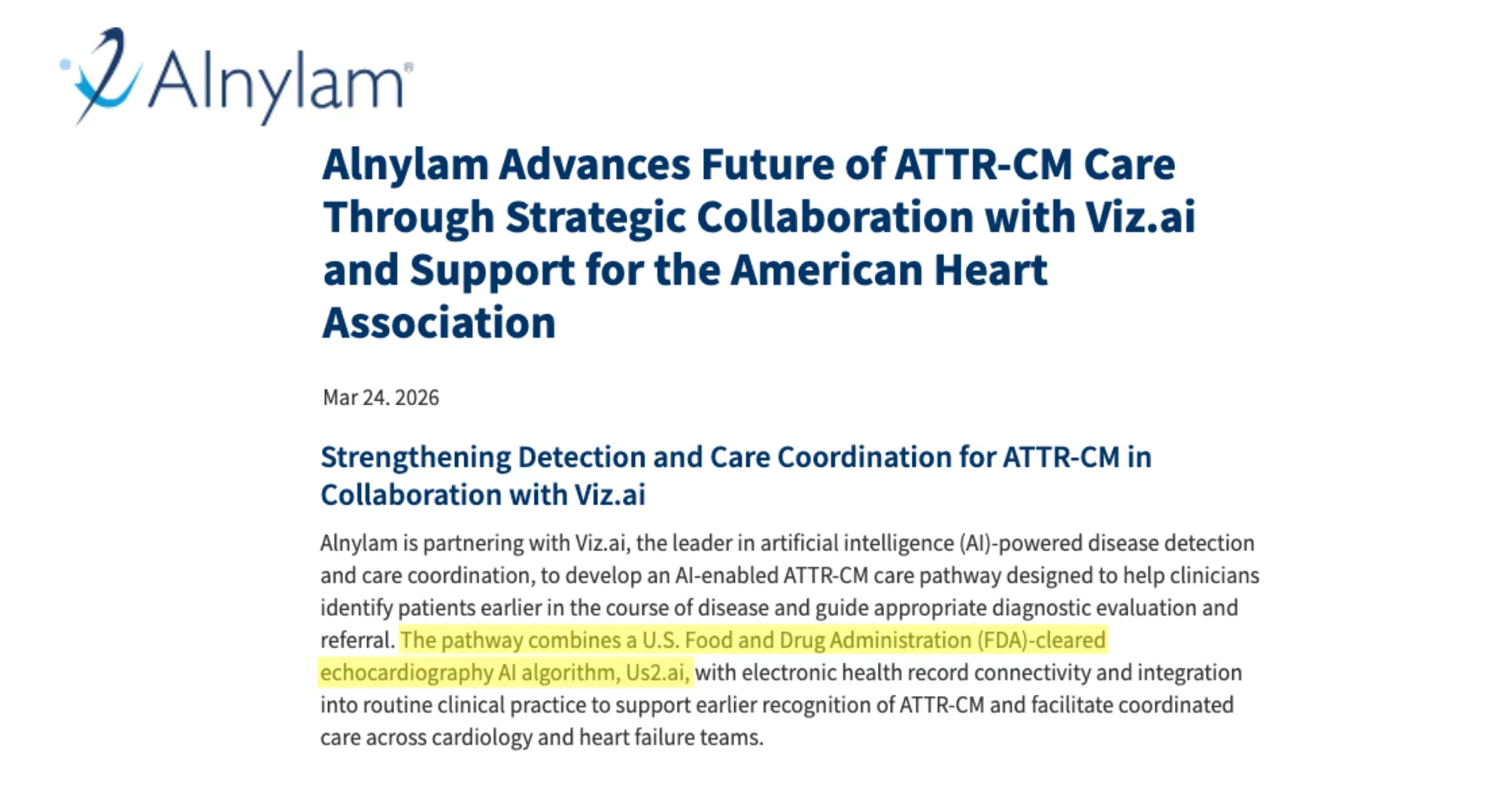 Alnylam and Viz.ai Build ATTR-CM Early Detection Pathway with Us2.ai Echo AI